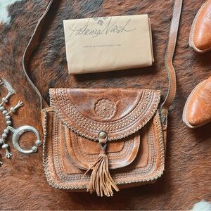 Patricia Nash Beaumont Flap Crossbody Bag Tooled Brown Leather